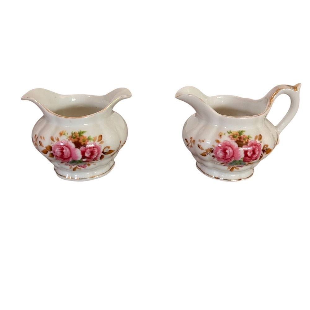 Individual Floral Cream and Sugar Set with Pink Roses Saji Japan Fancy China